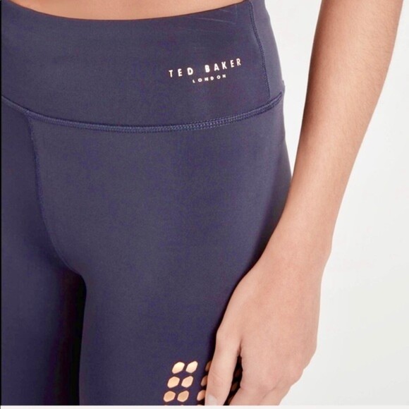 TED BAKER Fit to a T Laser Cut Dark Navy Blue Perforated Leggings Size M - Picture 2 of 9